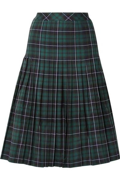 Shop Sandy Liang Checked Pleated Cotton-canvas Midi Skirt In Navy