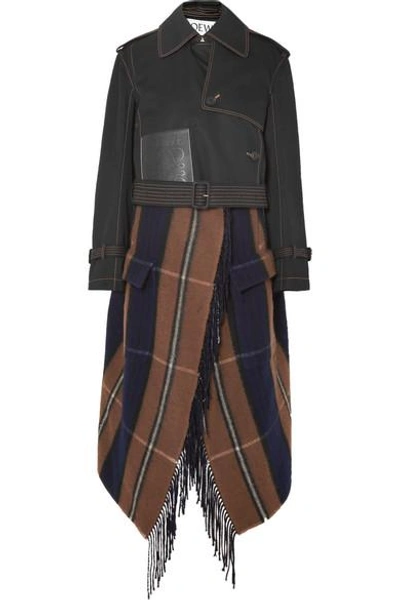 Shop Loewe Cropped Asymmetric Cotton And Checked Wool-blend Trench Coat In Black