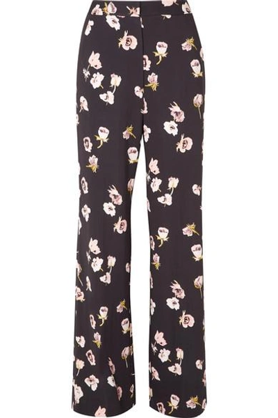 Shop Lela Rose Maggie Floral-print Crepe Wide-leg Pants In Black