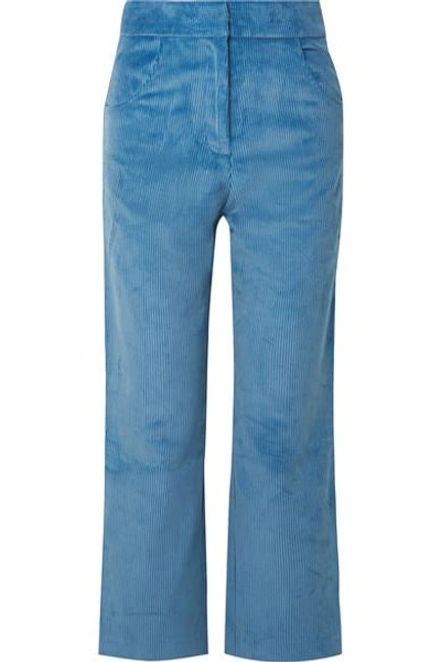 Shop Sandy Liang Zach Cropped Cotton-corduroy Wide-leg Pants In Blue