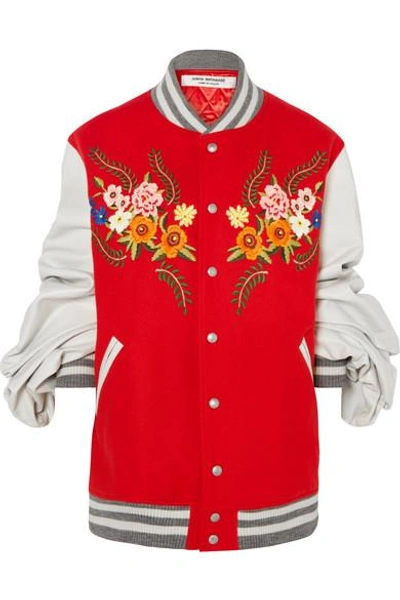 Shop Junya Watanabe Leather-trimmed Embroidered Wool-blend Bomber Jacket In Red