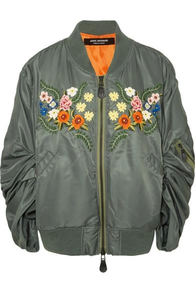 Shop Junya Watanabe Oversized Embroidered Satin Bomber Jacket In Gray Green