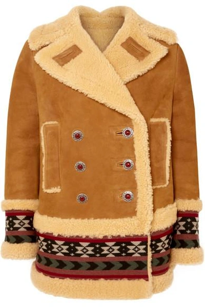 Shop Etro Embroidered Shearling Coat In Beige