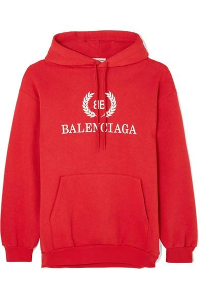 Shop Balenciaga Printed Cotton-blend Jersey Hoodie In Red