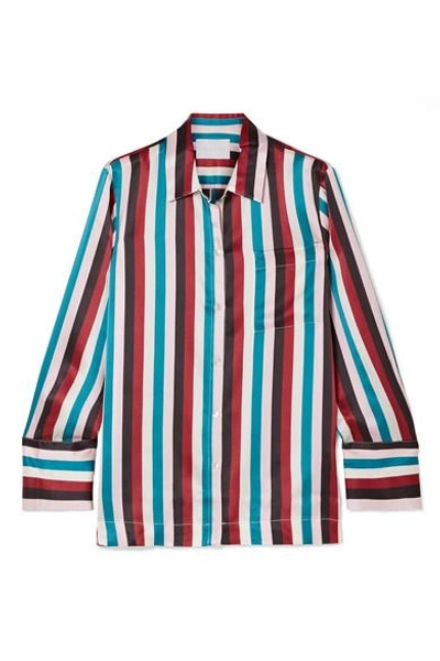 Shop Asceno Striped Silk-satin Pajama Shirt In Turquoise