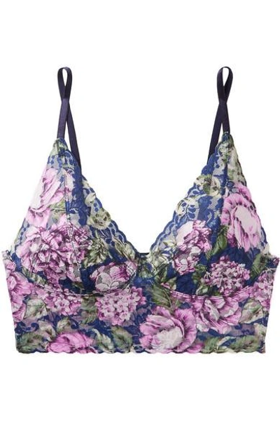 Shop Hanky Panky Florentina Retro Floral-print Stretch-lace Soft-cup Triangle Bra In Petrol