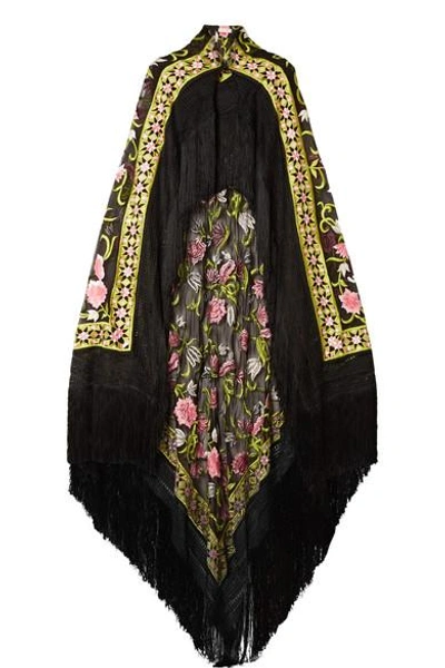 Shop Naeem Khan Fringed Embroidered Chiffon Cape In Black
