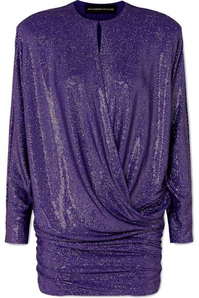 Shop Alexandre Vauthier Draped Crystal-embellished Stretch-georgette Mini Dress In Purple