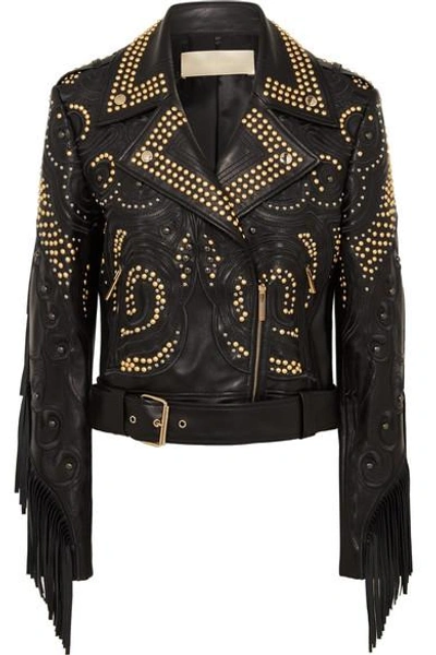 Shop Elie Saab Studded Fringed Leather Biker Jacket In Black