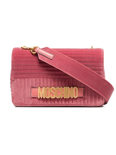 Shop Moschino Pink Quilted Logo Velvet Shoulder Bag