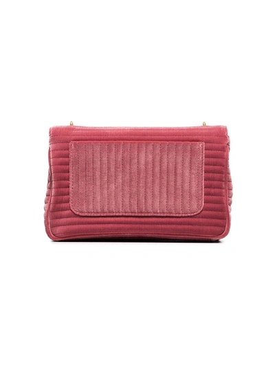 Shop Moschino Pink Quilted Logo Velvet Shoulder Bag