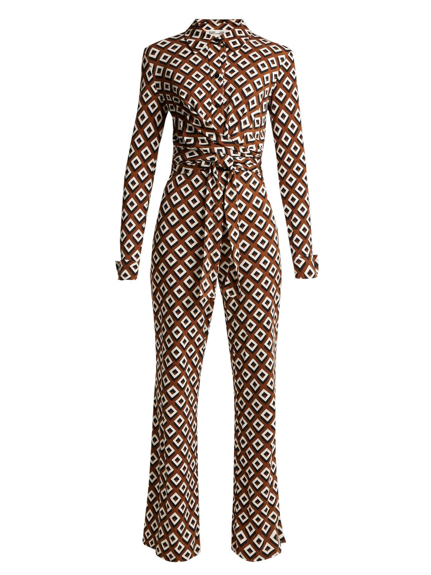 Diane Von Furstenberg Wrap-effect Printed Silk-jersey Jumpsuit In Brown ...