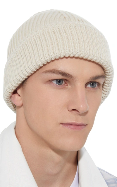 Shop Maison Margiela Wool Ribbed Beanie In White