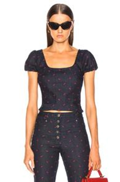 Shop Miaou Kelly Top In Blue,floral,denim Dark. In Rose Embroidery