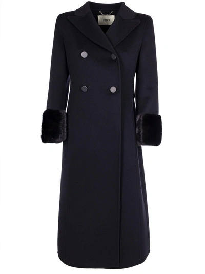 Shop Fendi Fur Cuff Double Breasted Coat In Black