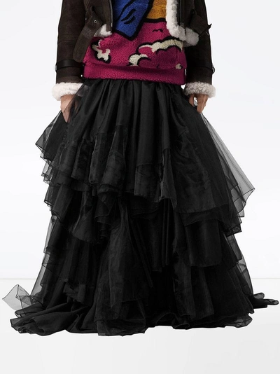 Shop Burberry Organza And Tulle Tiered Maxi Skirt - Black