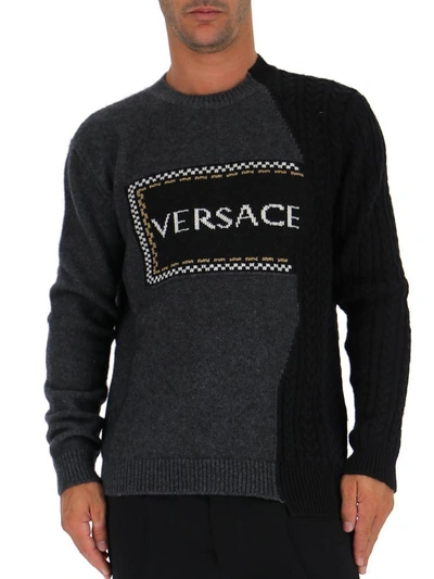 Shop Versace Asymmetric Knitted Logo Sweater In Grey