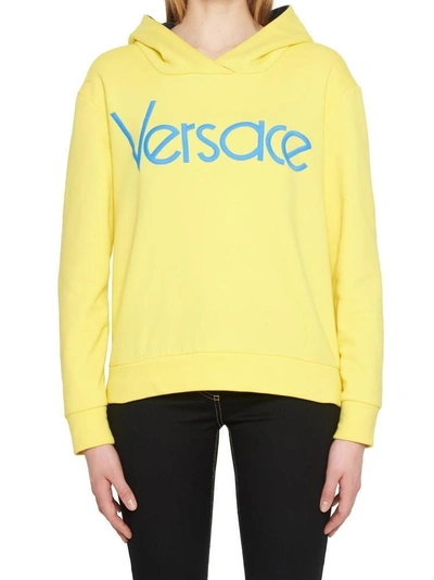 Shop Versace Vintage Embroidered Logo Hoodie In Yellow