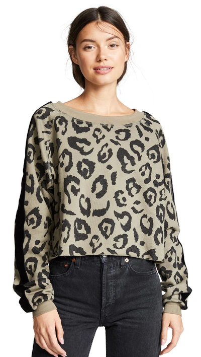 Shop Chrldr Big Leopard Velvet Stripe Crop Sweatshirt In Olive