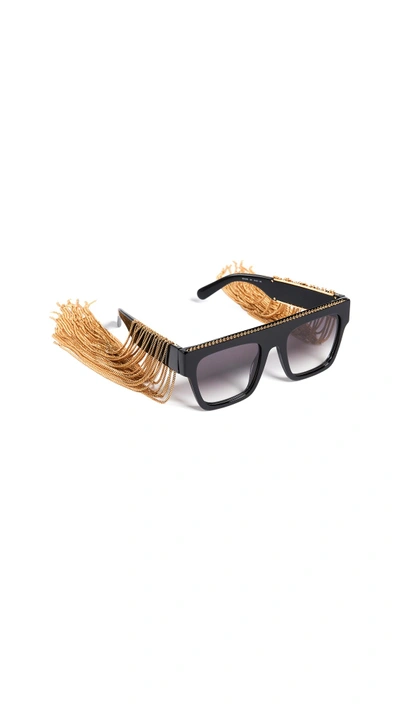 Shop Stella Mccartney Rectangular Sunglasses With Hanging Chain Detail In Black/grey