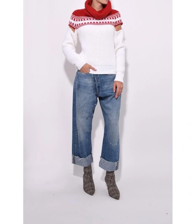 Shop Monse Red/ivory Slashed Sleeve Fair Isle Sweater