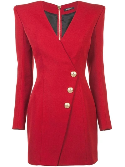 Shop Balmain Plunge Neck Buttoned Dress In Red