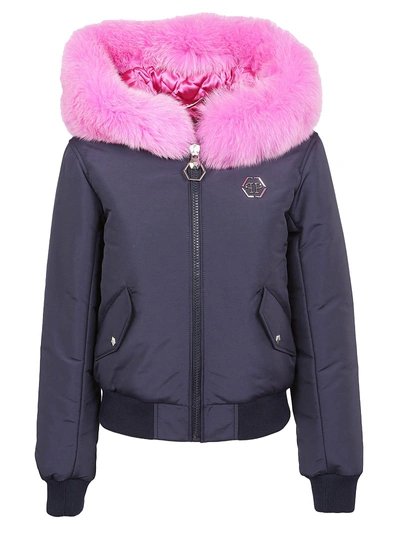 Shop Philipp Plein Fur Trim Jacket In Dark Blue