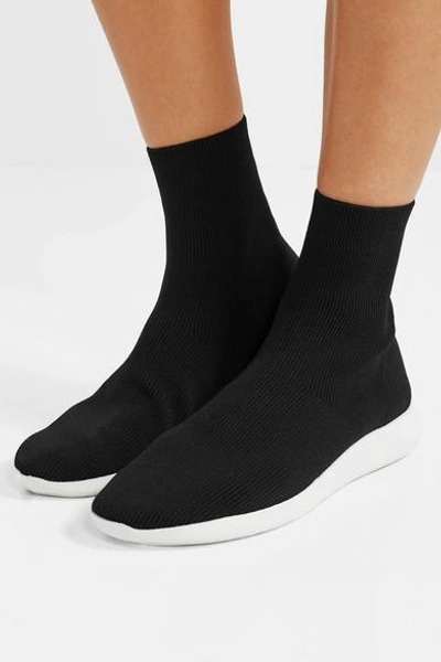 Shop Vince Abbot Ribbed Stretch-knit High-top Sneakers In Black