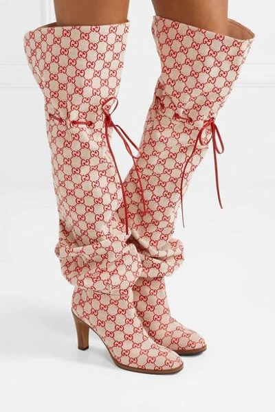 Gucci Leather-trimmed Logo-jacquard Over-the-knee Boots in Natural