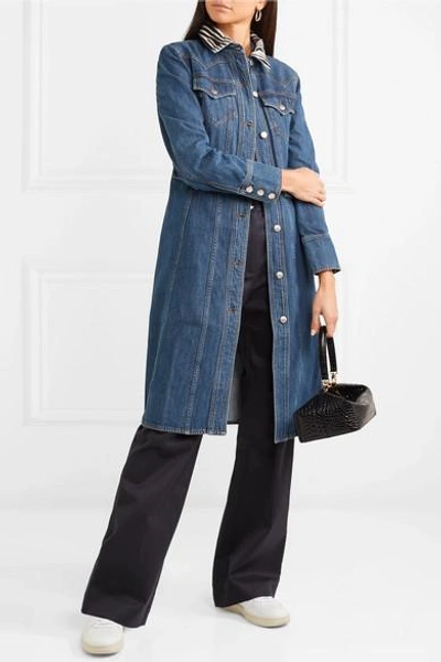 Shop Alexa Chung Pacifico Calf Hair-trimmed Denim Dress In Mid Denim