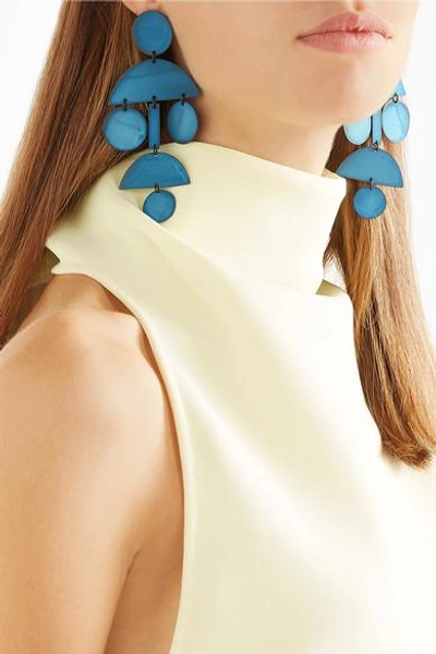 Shop Annie Costello Brown Pom Pom Oxidized Earrings In Blue