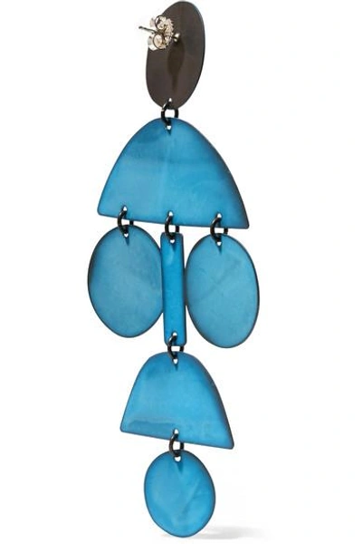Shop Annie Costello Brown Pom Pom Oxidized Earrings In Blue