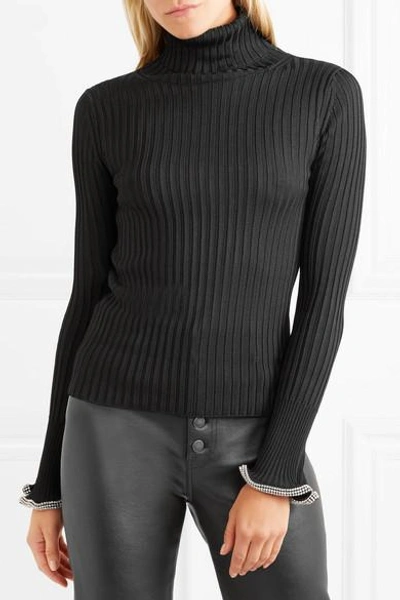 Shop Alexander Wang Crystal-embellished Ribbed-knit Turtleneck Sweater In Black