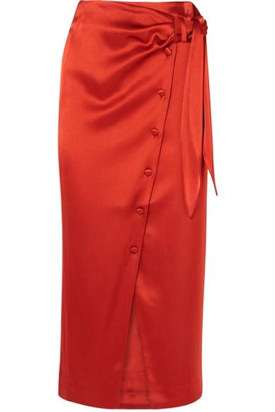 Shop Nanushka Aries Belted Satin Midi Skirt In Red