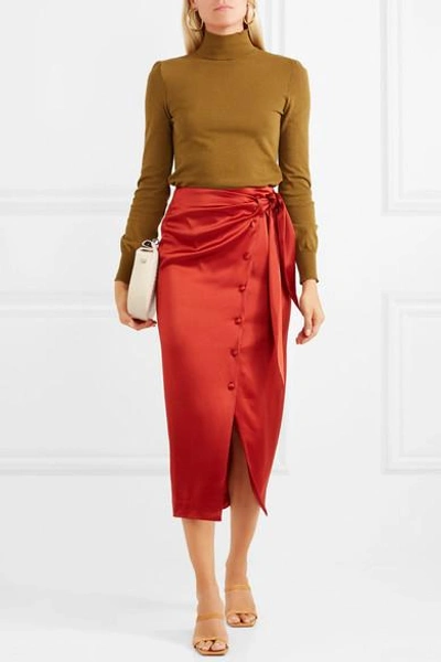 Shop Nanushka Aries Belted Satin Midi Skirt In Red