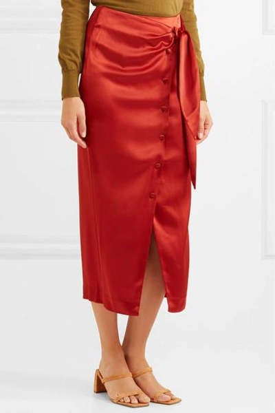Shop Nanushka Aries Belted Satin Midi Skirt In Red