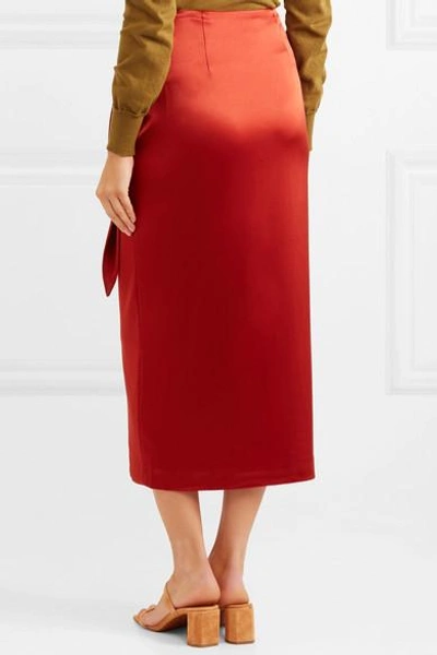 Shop Nanushka Aries Belted Satin Midi Skirt In Red