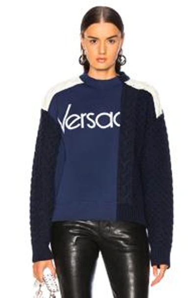 Shop Versace Logo Colorblock Sweater In Blue Multicolor