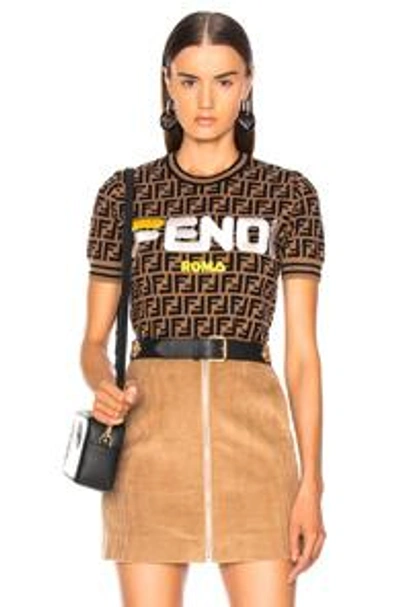 Shop Fendi Mania Logo Print Short Sleeve Sweater In Abstract,black,brown