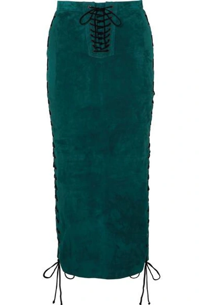 Shop Ben Taverniti Unravel Project Lace-up Suede Midi Skirt In Emerald