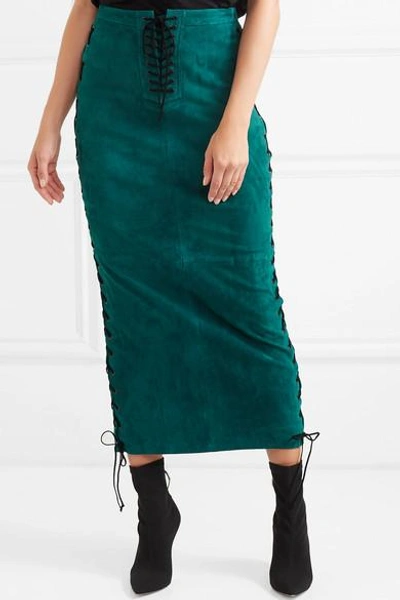Shop Ben Taverniti Unravel Project Lace-up Suede Midi Skirt In Emerald