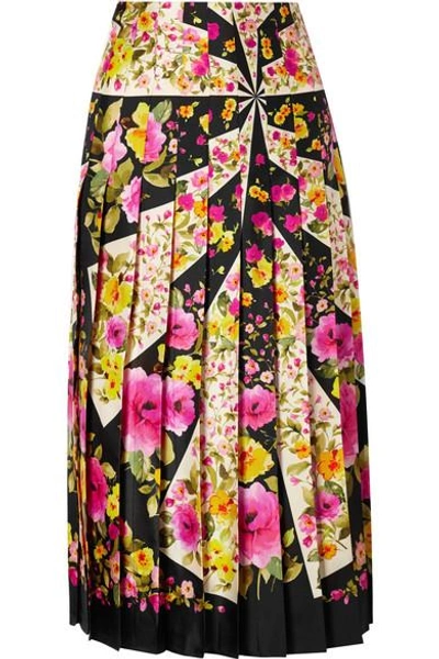 Shop Gucci Pleated Floral-print Silk-twill Midi Skirt