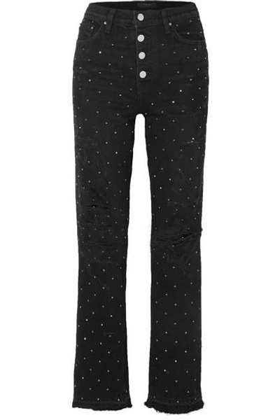 Shop Amiri Crystal-embellished Distressed High-rise Straight-leg Jeans In Black