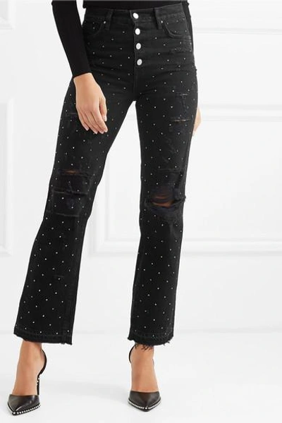 Shop Amiri Crystal-embellished Distressed High-rise Straight-leg Jeans In Black