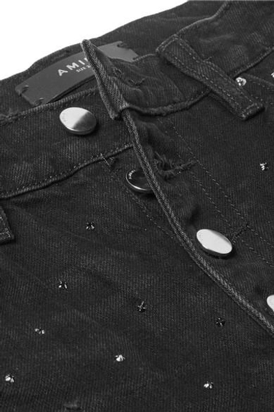Shop Amiri Crystal-embellished Distressed High-rise Straight-leg Jeans In Black