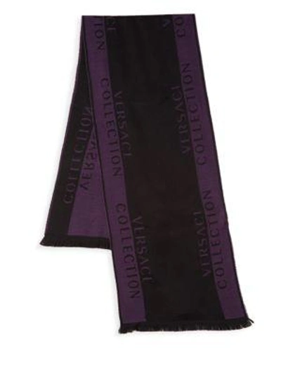 Shop Versace Border Print Logo Scarf In Black Grey