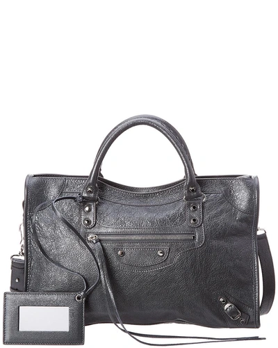 Shop Balenciaga Classic Silver City Medium Leather Shoulder Bag In Grey