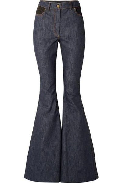 Shop Rosie Assoulin Plaid-trimmed High-rise Flared Jeans In Dark Denim