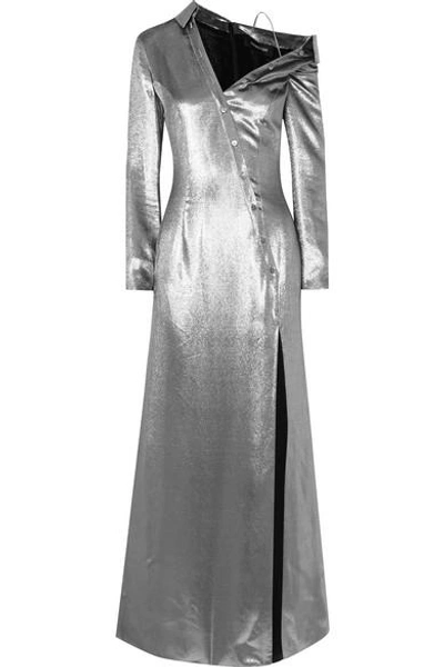 Shop Cushnie Et Ochs Asymmetric Button-detailed Metallic Silk-blend Gown In Silver