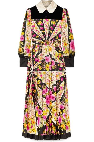 Shop Gucci Velvet-trimmed Pleated Floral-print Silk-twill Maxi Dress